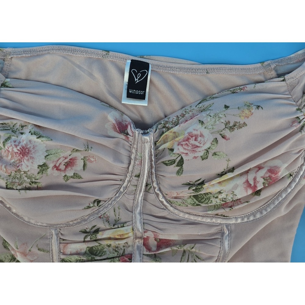 Windsor Pink Floral Ruched Sleeve Crop Top Sz S Corset Fairycore Coquette Flirty - Picture 4 of 8
